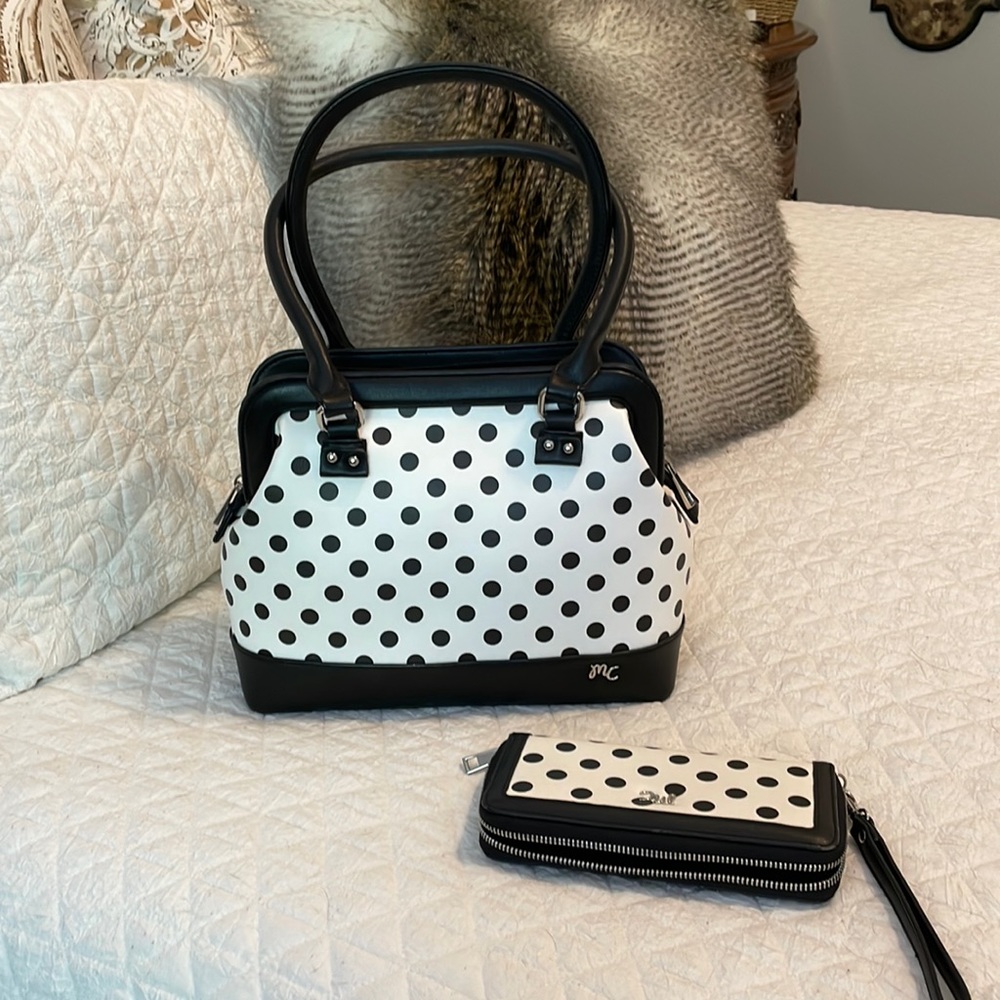 Miss Caprice Vegan Leather Black/White Polka Dot Handbag & Wallet.